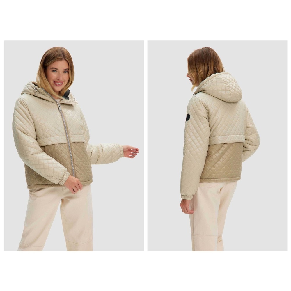 NOIZE Quilted Puffer Jacket Womens Small Beige Tan Two-Tone Hooded Zip Up Coat